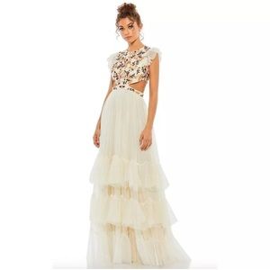 Mac Duggal 35106 Floral Embroidered Tiered Cutout Maxi Dress Size 10